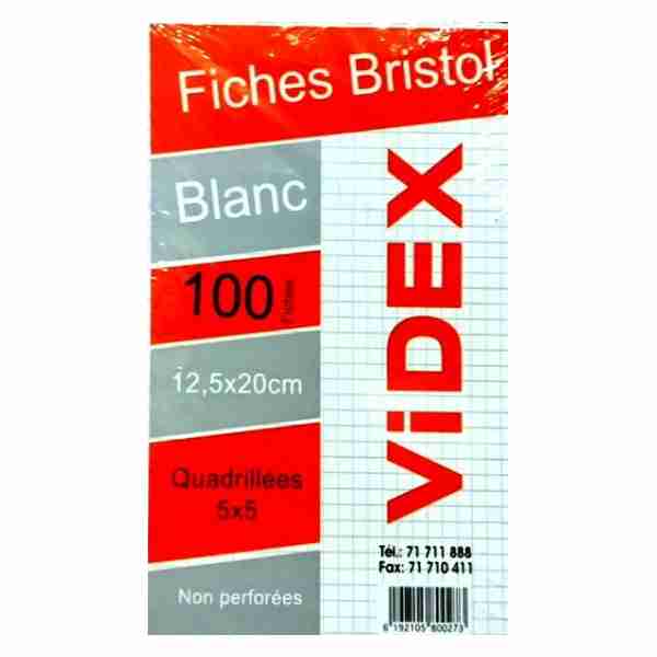 Pack de 100 Fiches Bristol Blanc 12.5x20cm Videx